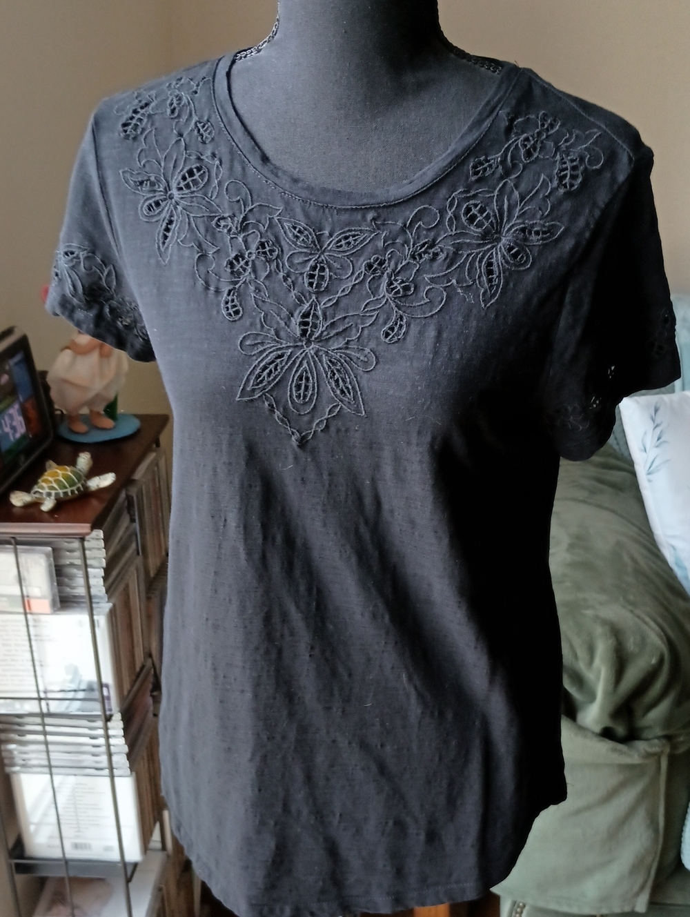 Charter Club Black Scoop Neck Tee with Floral Embroidery